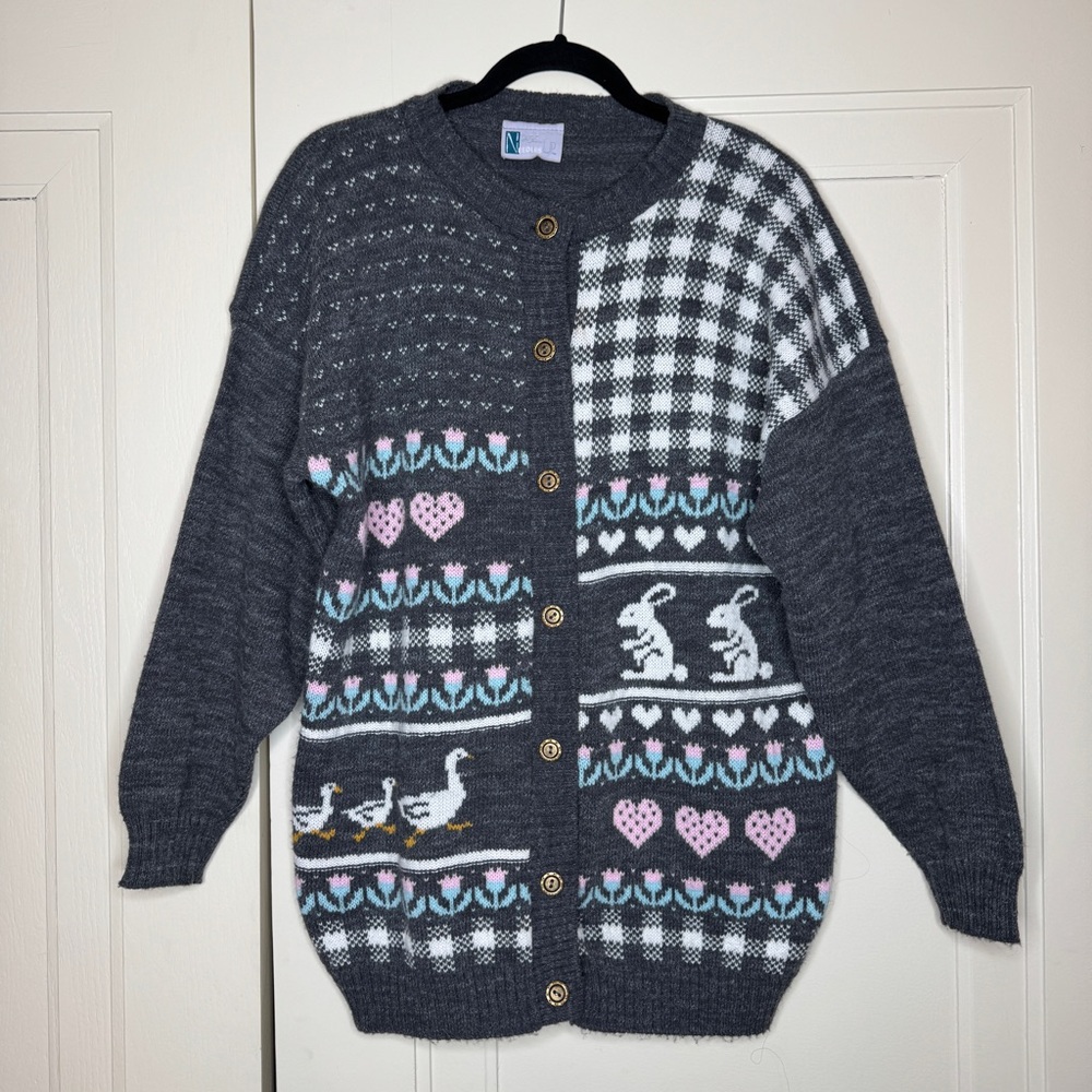 Vintage 90s Gray Spring Cardigan Pastel Bunny Goose Sweater by Needles Up